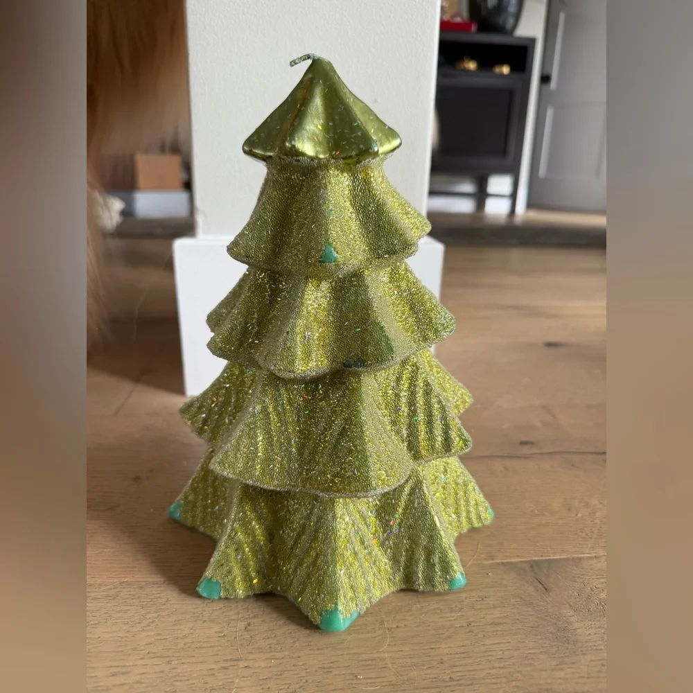 Pottery Barn 9.5in Green Glitter Christmas Tree Candle